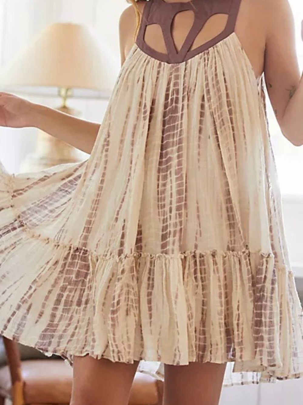 Free People Cream and Taupe Tie-Dye Keyhole Swim Cover-Up